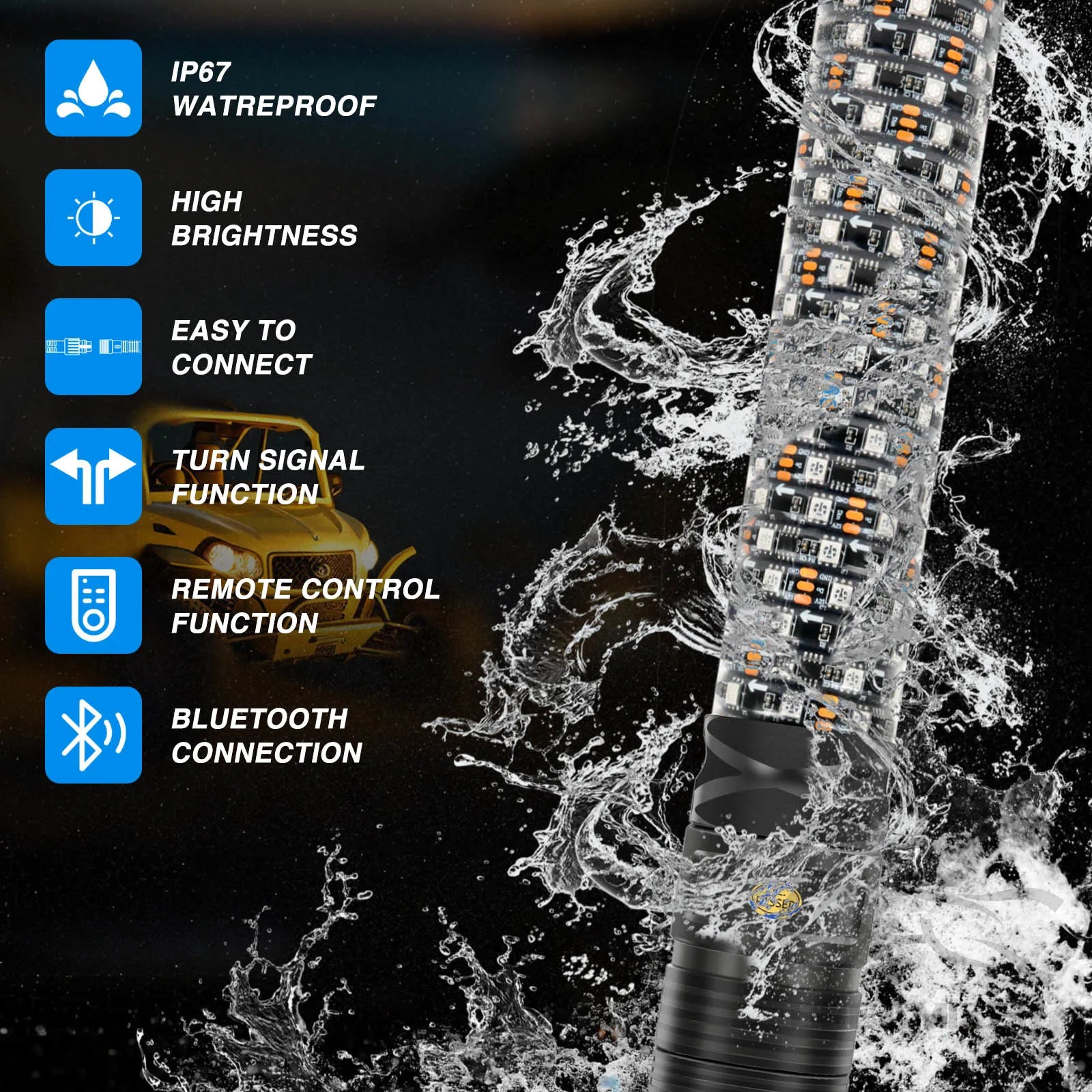 Pair of 3FT LED Whip Lights with Remote Control for UTV/ATV, Off-Road Trucks, Sand Rails, Dune Buggies, and RZR – Includes Flagpole Antenna Whips