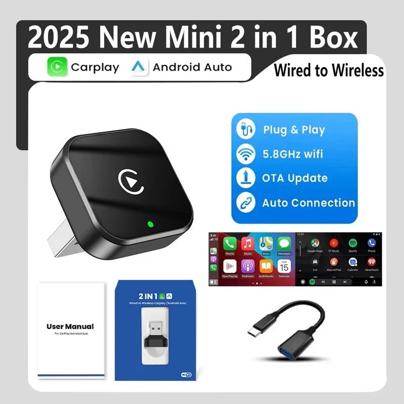 2 in 1 Car Wireless CarPlay Adapter & Android Auto Adapter Type-C/USB Fast Connection Wired to Wireless for iPhone/Android