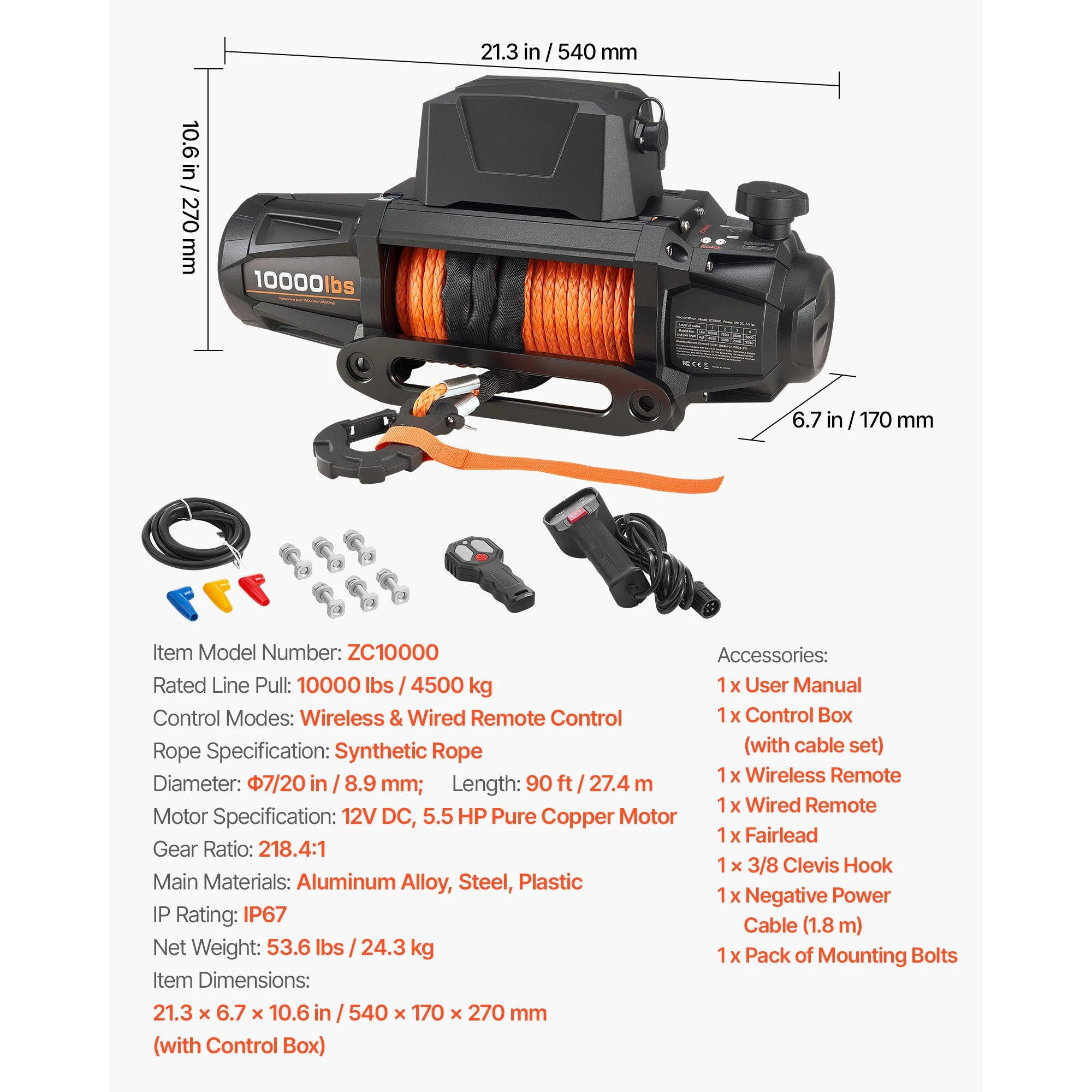 10000/13500 lbs Electric Winch with 90 ft Synthetic Rope