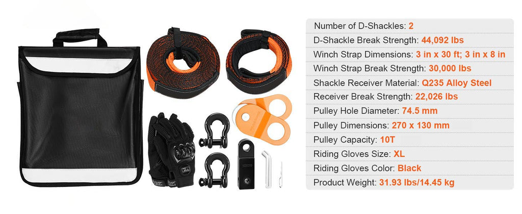 SucceBuy Off-Road Winch Recovery Kit with 30000Lbs Tow Straps & D-Ring Shackles Snatch Block Storage Bag for ATV Jeep Truck